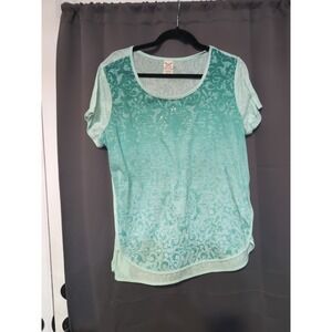 Faded Glory Women's XL Teal Green Blouse, 16/18 Shirt, Rhinestone Floral Design